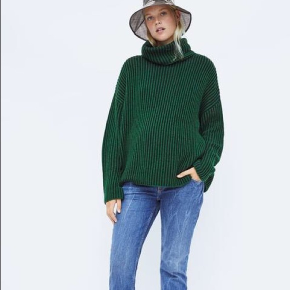Zara Knit Oversized Green and Black Sweater Slouchy Turtleneck